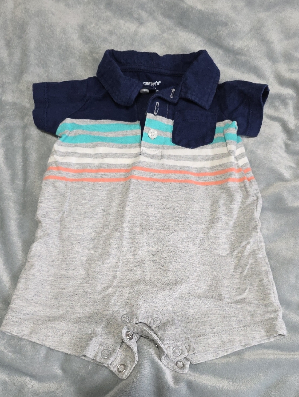 Carter's Navy Collar Polo Romper with Gray, Mint & Coral Stripes